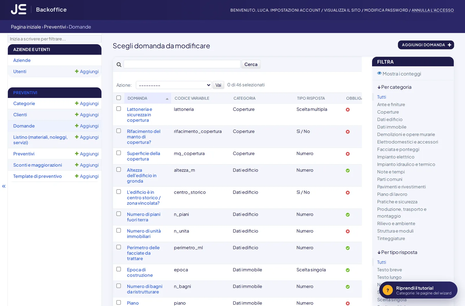 Backoffice: elenco delle domande con il tutorial